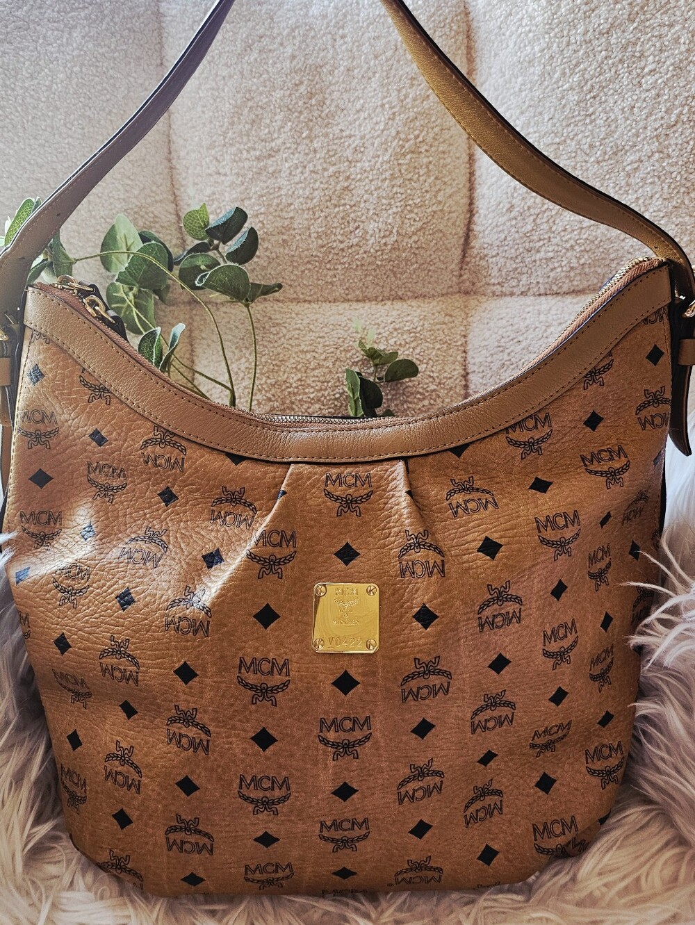 MCM Visetos Monogram Hobo Bag In Classic Cognac Colorway